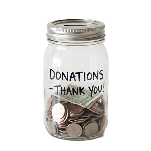 A clear glass mason jar with a silver metal lid, filled with coins and a dollar bill, with the words 'DONATIONS - THANK YOU!' written on the front, isolated on a white background.